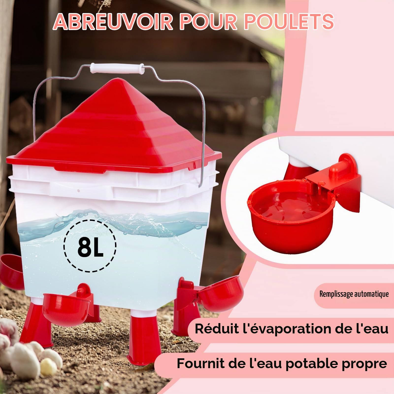 Todeco Ensemble Mangeoire 6 kg et Abreuvoir Automatiques 8 L pour Poules | 4 Ports et 4 Coupelles, 8 Pieds Amovibles, 2 Chaînes de Suspension en Acier, Installation au Sol ou Suspendue, pour Volailles
