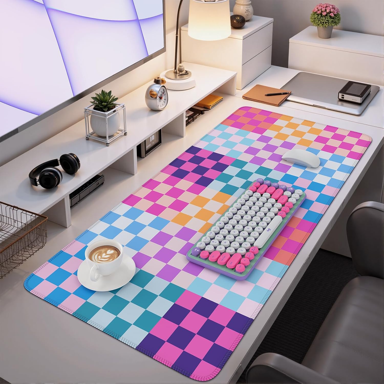 iCasso Desk Matt for Desktop, Cute Desk Pad Mat, XXL Large Mouse Pad, Anti-Slip Big Mousepad with Stitched Edges, Keyboard Pad Mouse Mat for Computer(Colour Checkered) - Image 6