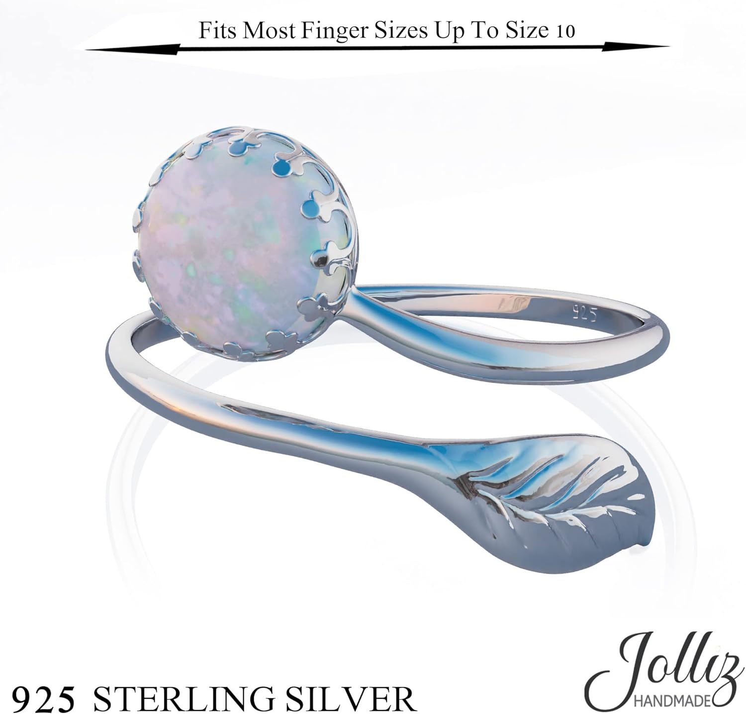 Jolliz 925 Sterling Silver Opal Ring for Women – Adjustable Wrap Leaf Band with 8mm Opal Stone – Dainty Statement Ring for Everyday Wear – Gift Ready Silver Opal Jewelry for Her - Image 3