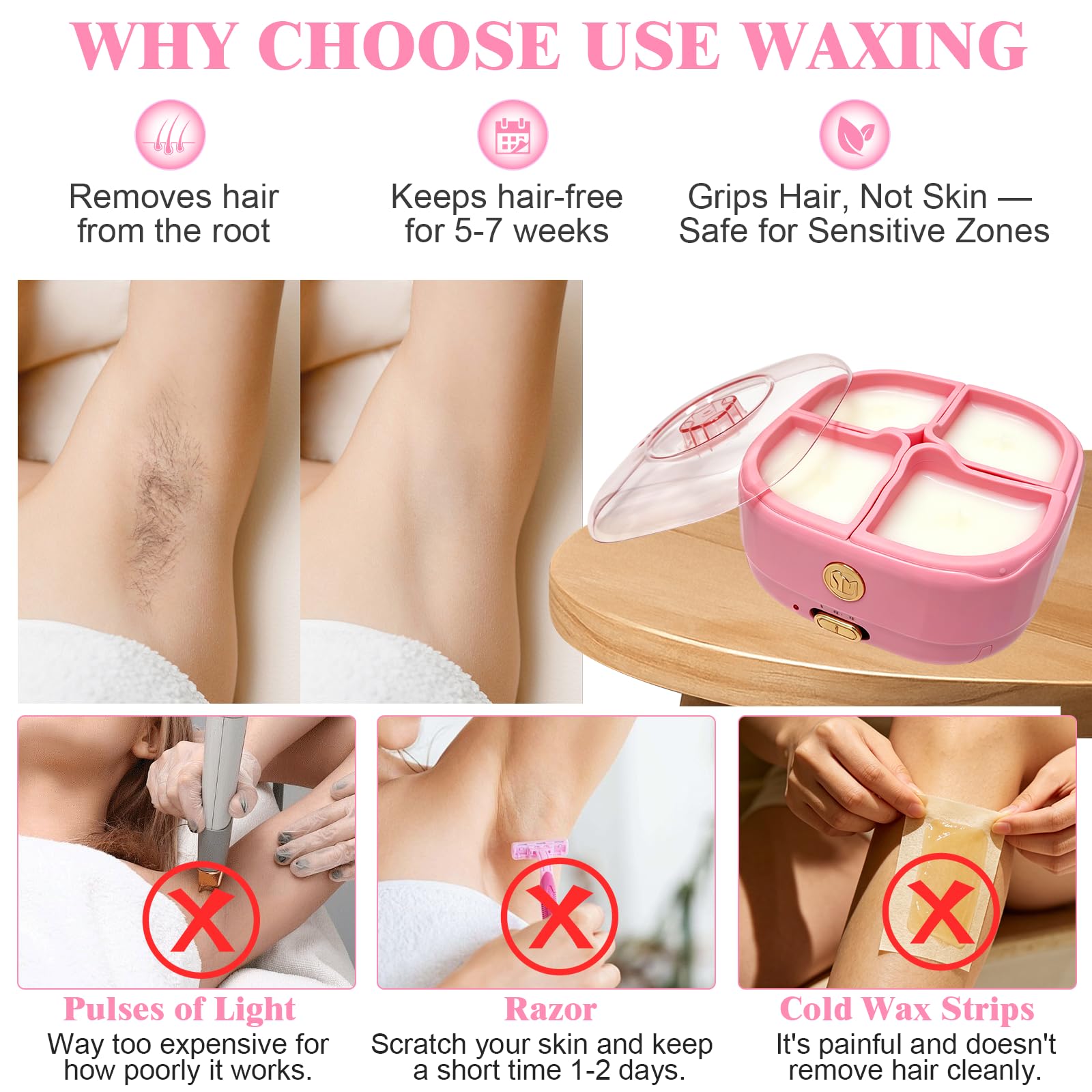 Scaldacera in silicone per depilazione, kit da donna con 4 spatole per cera in silicone, riscaldatore per casa, salone, per corpo, gambe, braccia, bikini, sopracciglia