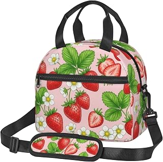 Fresh Strawberries Lunch Bag with Adjustable Shoulder Strap for Women Men Reusable Lunch Box Leakproof Tote Bags Insulated Cooler for Work Travel Outdoor(9 x 5 x 7.8 Inches)