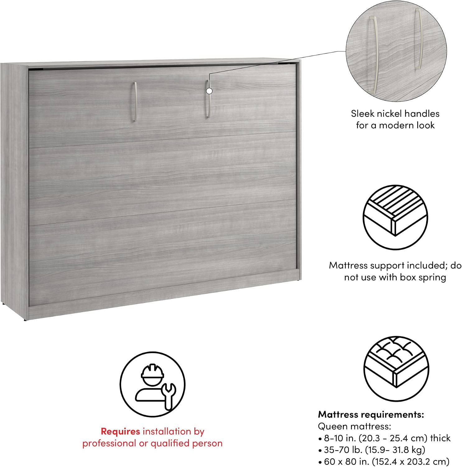 Bestar Queen Size Horizontal Murphy Bed, 80-inch, for Bedroom or Guestroom, Claremont Collection, Modern, Gray