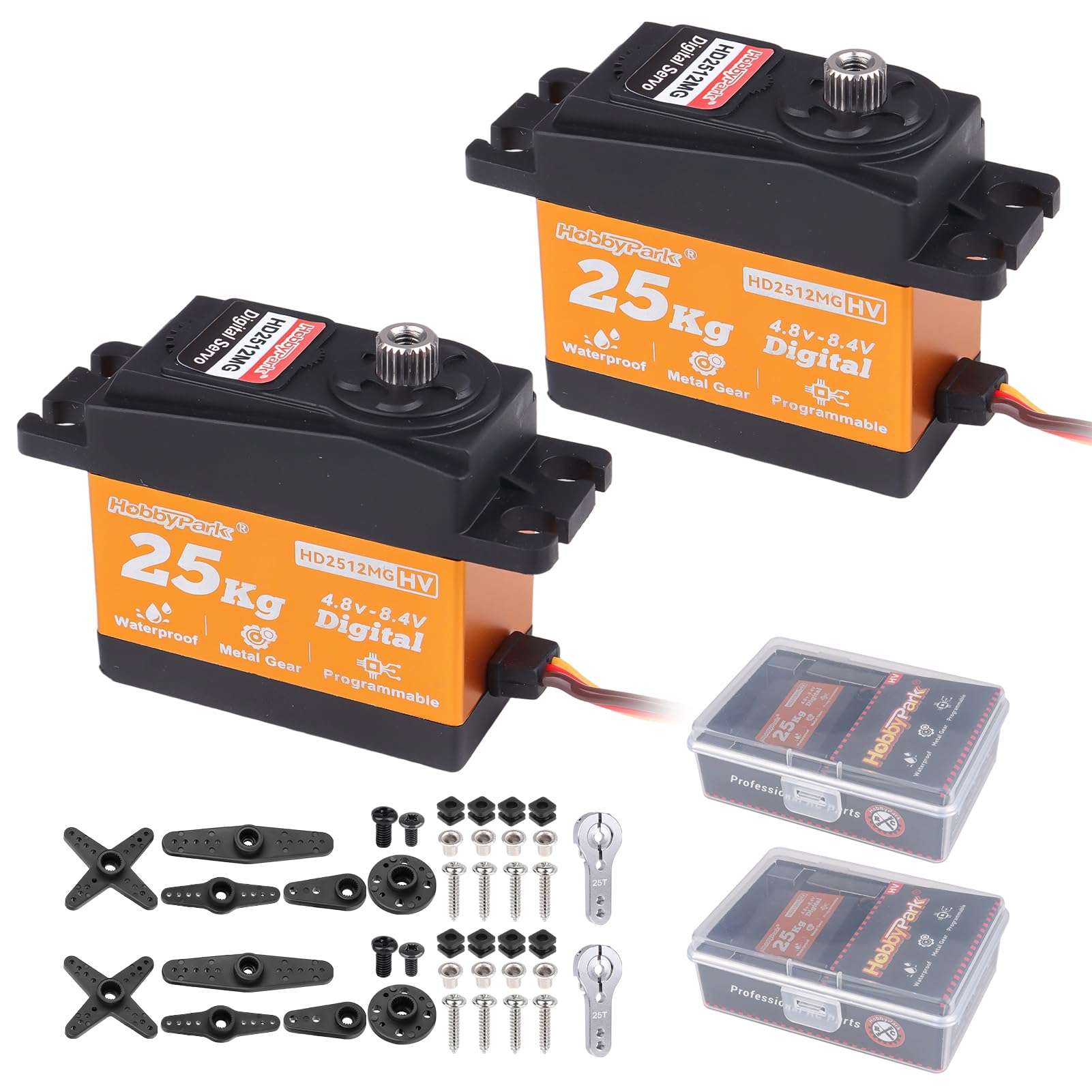 HobbyPark Paquete de 2 servos resistentes al agua de 25 kg para todos los engranajes de metal, servo digital de acero inoxidable, servo dirección Arduino para 1/12 1/10 RC Crawler Car Truck Buggy 5V