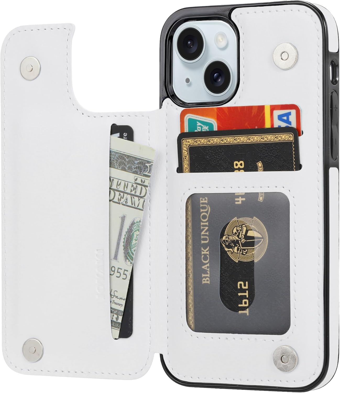 Wallet Case Compatible with iPhone 15,Slim Protective case with Card Holder,Premium PU Leather Kickstand Card Slots Case with 1 Screen Protective Glass for iPhone 15 (6.1")-White - Image 3