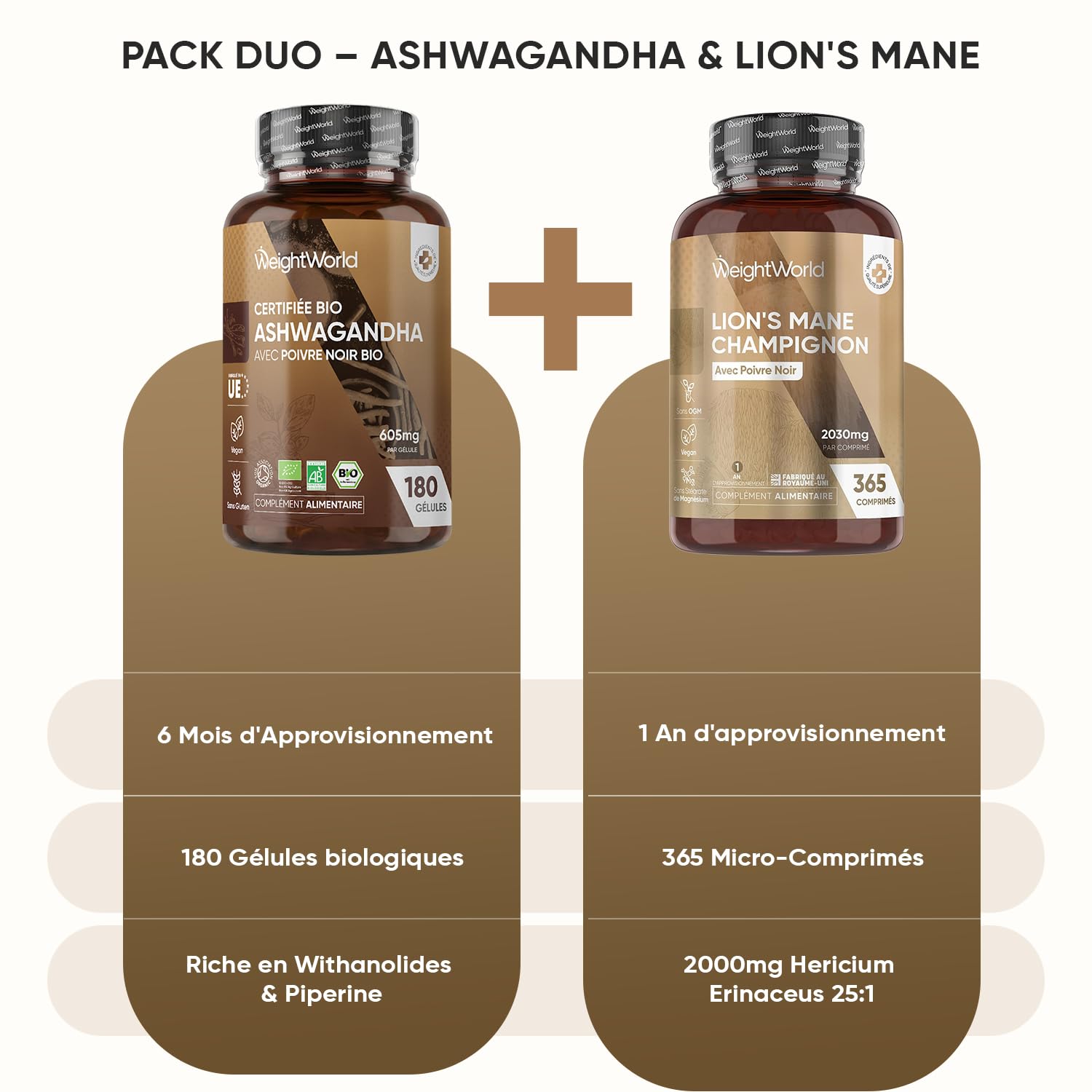 Duo - Ashwagandha Bio Gélules & Lions Mane Champignon 365 Micro-Comprimés