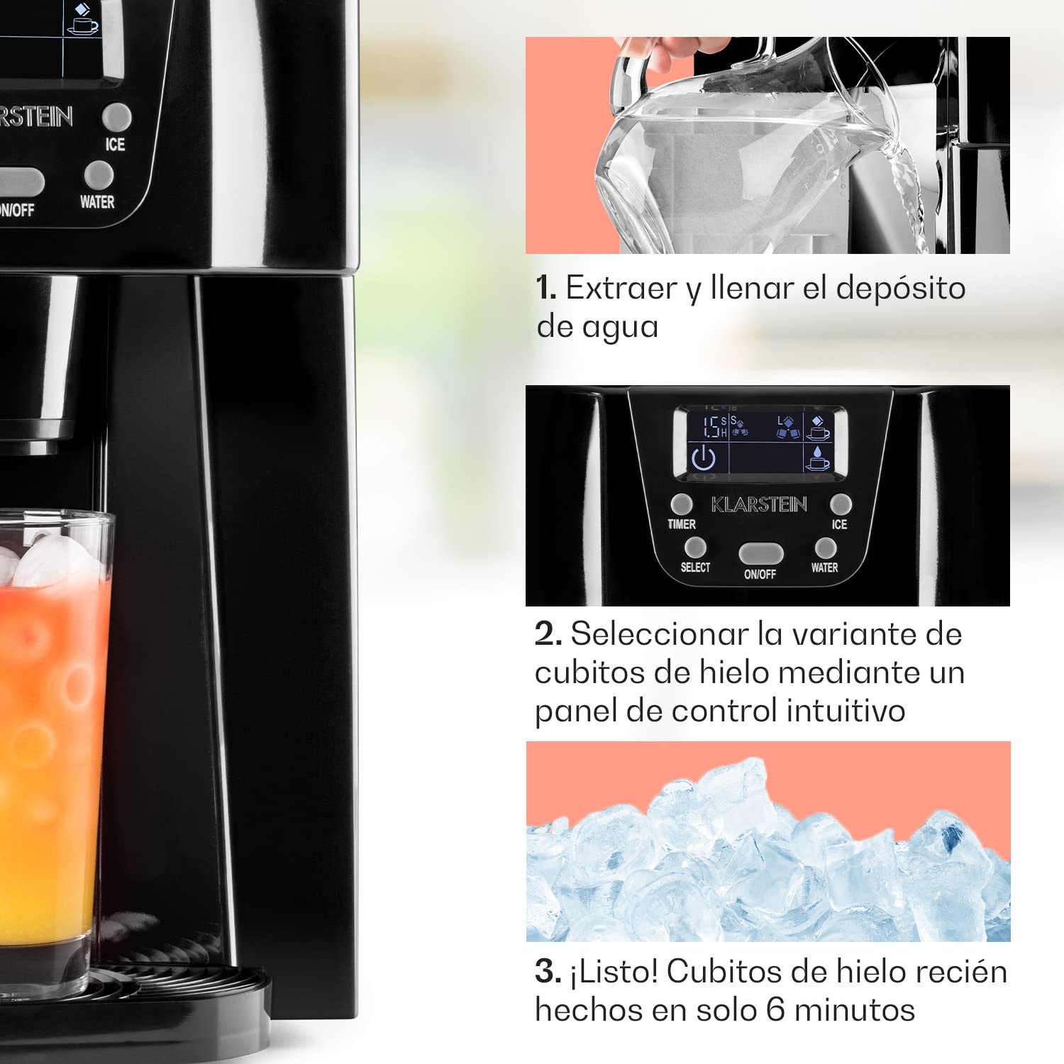 Klarstein Maquina de Hielo para Encimera, Maquina Hacer Cubitos de Hielo Domestica, Producción 12 kg., Depósito Agua Capacidad 2 l. Dispensador Agua Fría, Ice Maker Sobremesa, Máquina Cubitos de Hielo