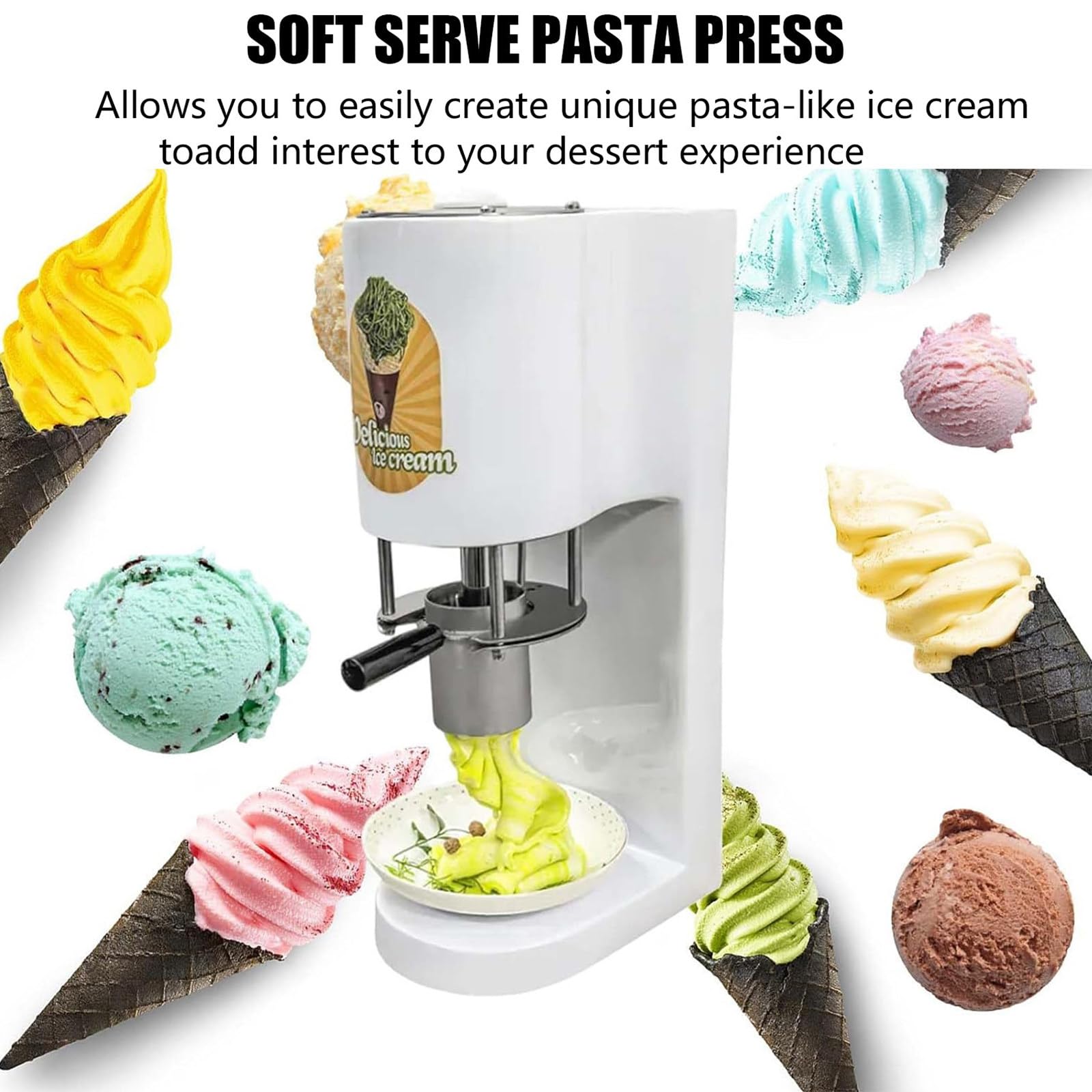 Machine à Glace Spaghetti – 4 moules interchangeables, trémie 420 ML, Design Compact, démarrage par Simple Pression, Nettoyage Facile ; pour commerces et Secteur l'événementiel. Yellow
