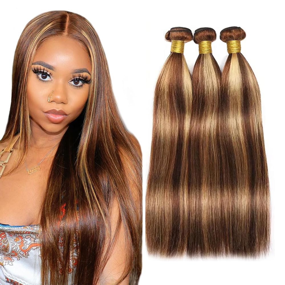 Ombre Bundles P427 Human Hair Bundles Honey Brown Straight Bundle 22 24 26 Inch Unprocessed Brazilian Remy Hair Extensions Silky Soft Hair Weave 4/27 Bundle Human Hair