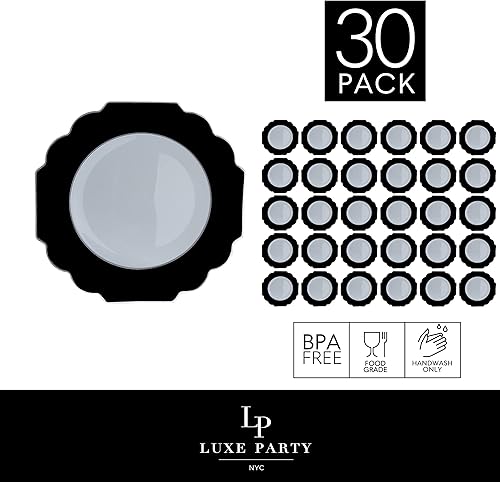 Miniatura 9 de LUXE PARTY NYC - Paquete de 30 platos de vajilla festoneados  Desechables  107 pulgadas  Plato de cena  Artículos de fiesta  Vacaciones  Blanco y