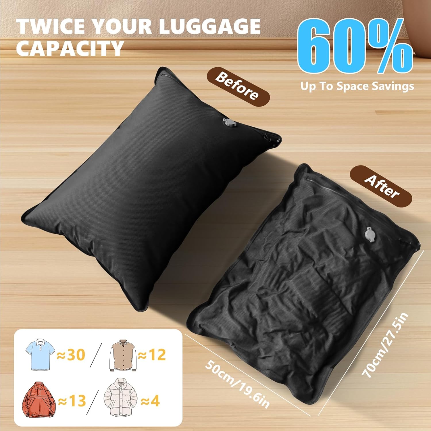 2PC Professional Vacuum Bags for Travel with 55W Super Power Electric Pump, Dobaly IP67 Reusable Vacuum Compression Bags for Suitcases and Backpack Space Saver Vacuum Bags Durable(2 Large+Pump)