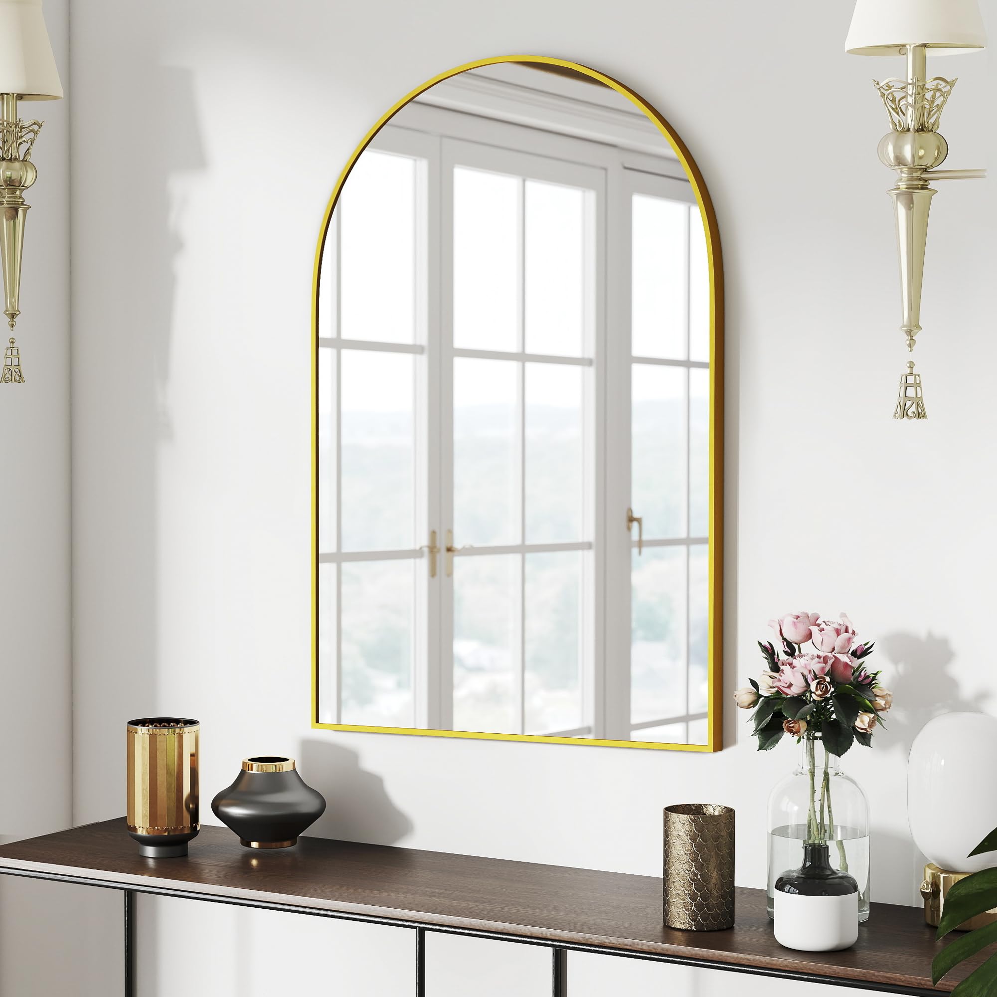36x24 Bathroom Mirror Arch Wall Mounted/Against Aluminum Frame Gold