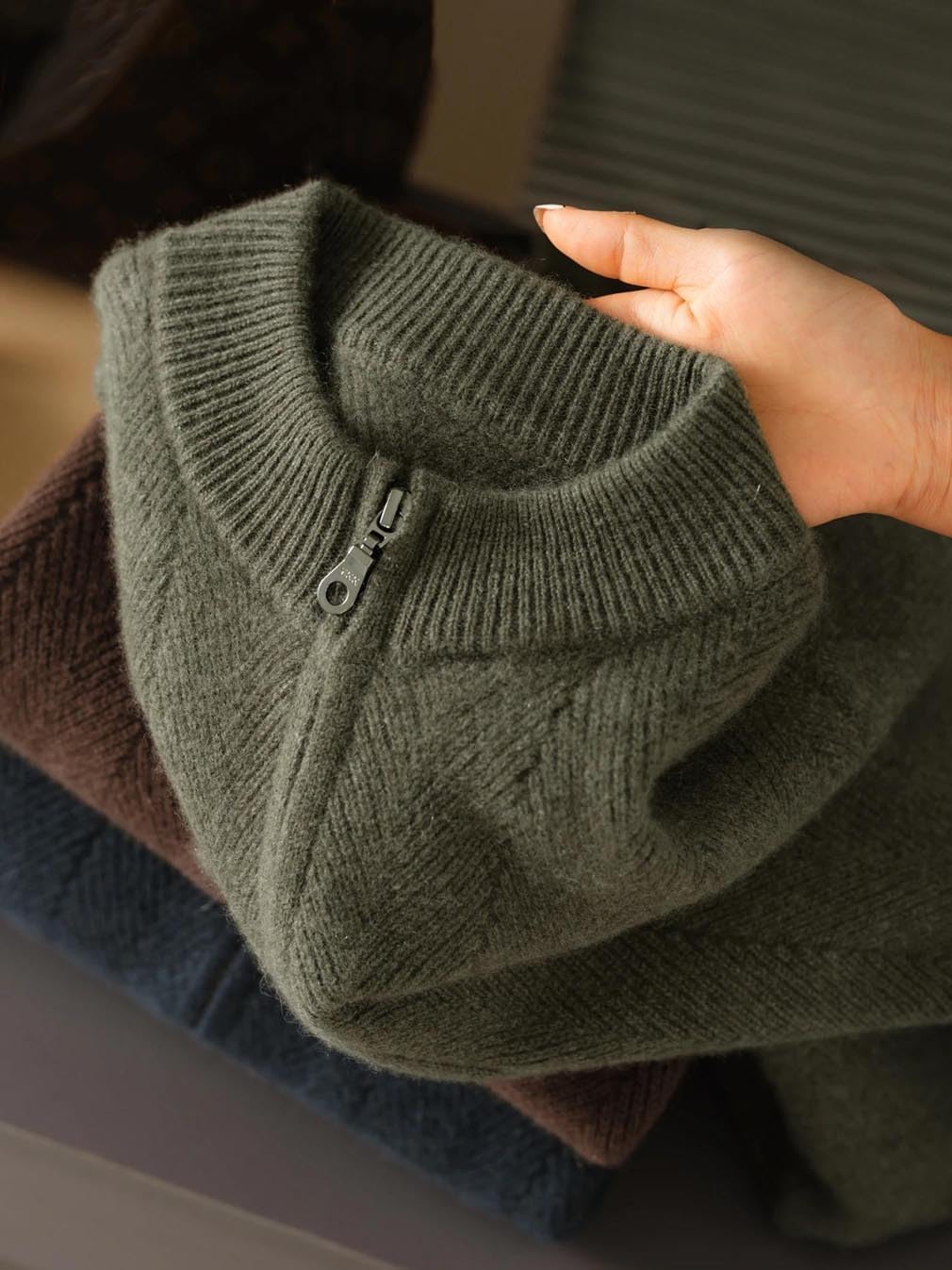Men's Solid Cardigan Sweater Half High Collar Zipper Cardigan Thickened Pocket Knitted Sweater