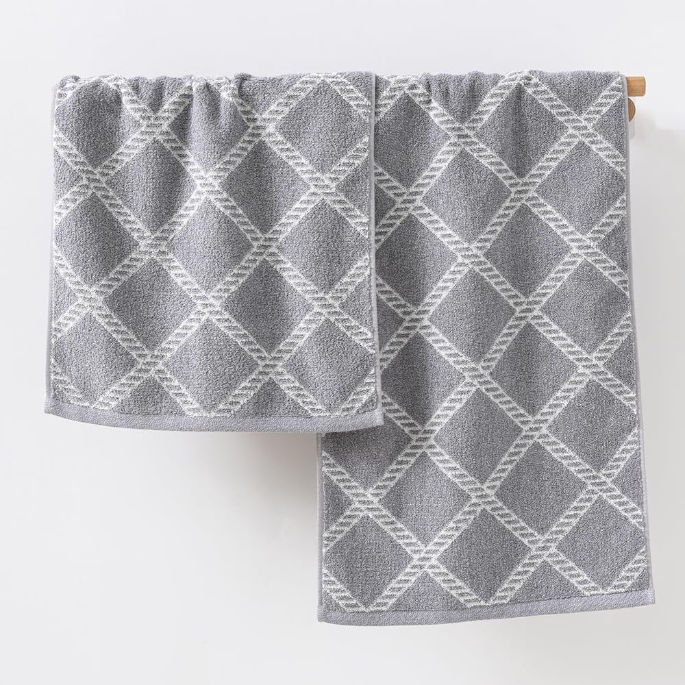 YiLUOMO 100% Cotton Grey Hand Towels White Diamond Pattern Super Soft Highly Absorbent Bath Towels 13 x 29 Inch, 2 Pack - Image 2