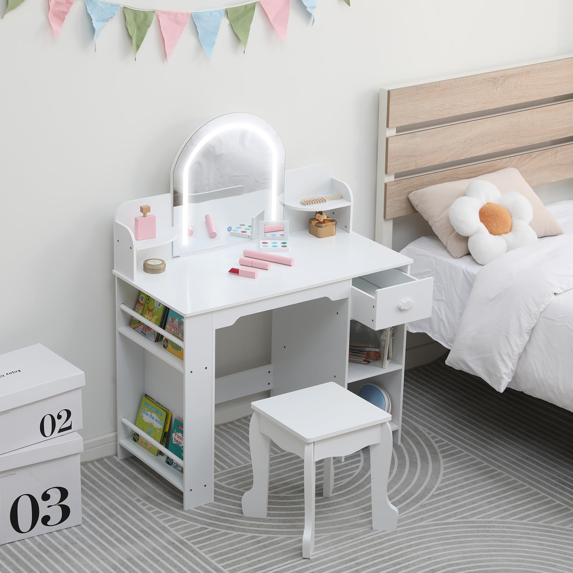 Tocador de Maquillaje 2 en 1 con Luz y Espejo, Tocador Niña con Taburete, Tocador Infantil con Luces LED Ajustables, Estantes de Mesa y Bajo Mesa, Cajones y Estanterías Laterales