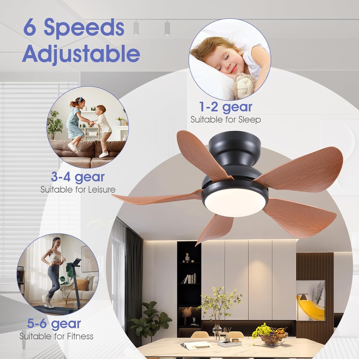 Kviflon 32 Inch Modern Ceiling Fans with Lights, Small Flush Mount Ceiling Fan with Light and Remote/APP Control, 5 Reversible 6 Speeds Curved Blades, 3 CCT Dimmable Lights for Kids Room, Brown