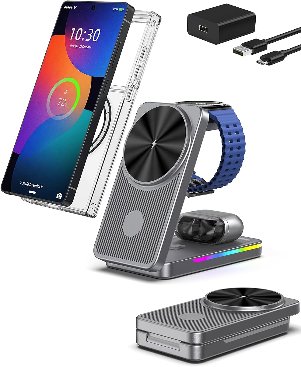 Magnetic Wireless Charger for Samsung, 3 in 1 Travel Charging Station | Foldable Android Charger for Samsung Phones, Galaxy Watch, Buds (Not for Apple Watch, Nightstand Charger, Adapter Included)