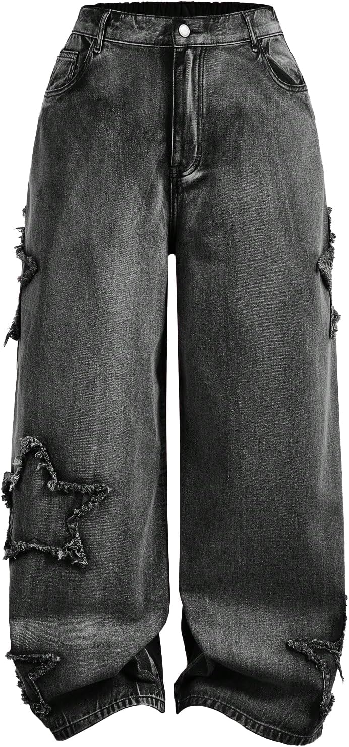 WDIRARA Women's Plus Size Star Raw Trim Jeans Wide Leg Baggy Denim Pants