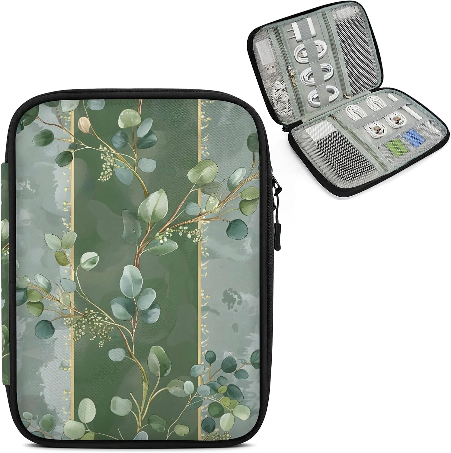 Eucalyptus Leaves Travel Electronic Organizer Case, Green Leaves Slim Cable Management Bag for Game Console & Accessories, Portable Double Zipper Pouch with Mesh Pockets & Elastic Straps