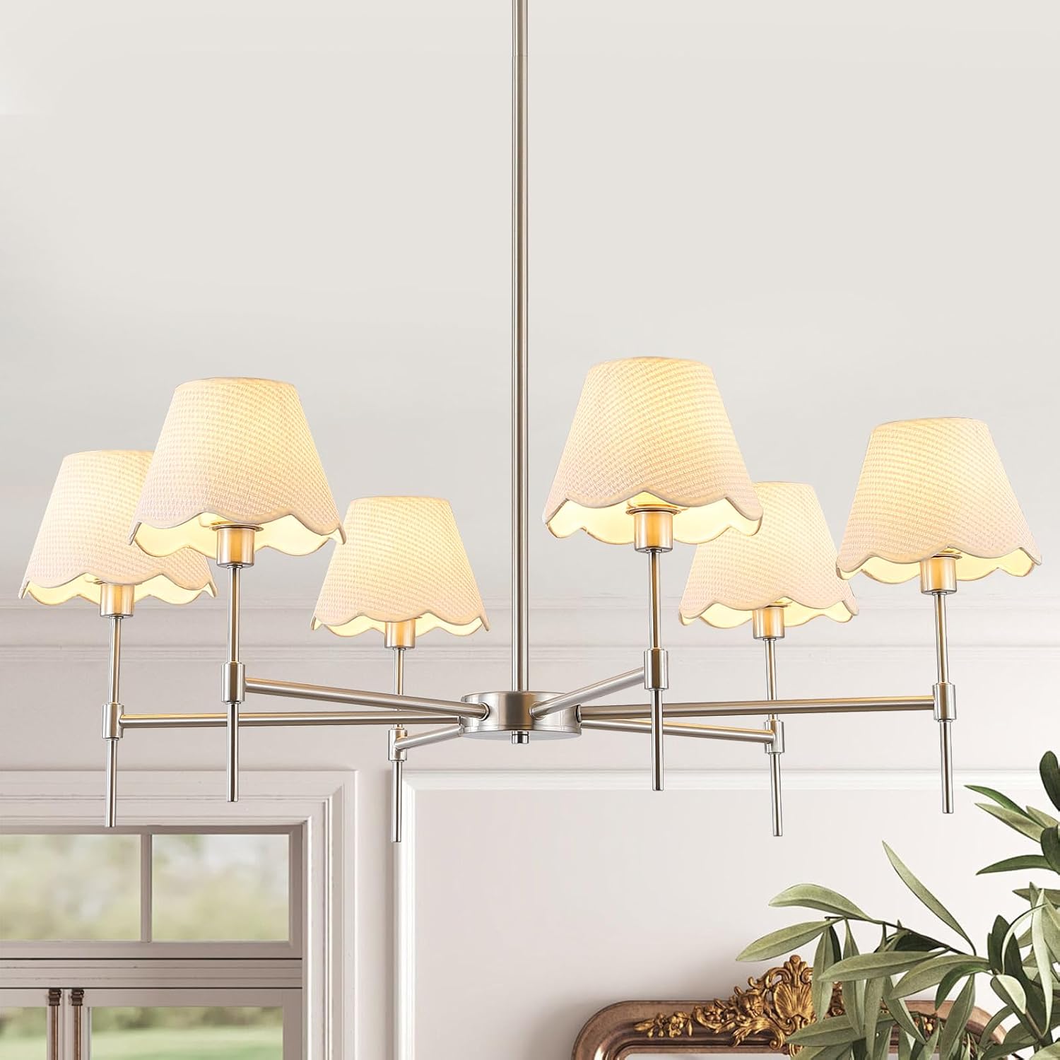 Farmhouse Rattan Chandelier 6-Light Boho Pendant Lamp 37.5‘’ Large Brushed Nickel Chandelier Light Fixture with Height Adjustable Hanging Pole for Dining Room, Living Room, Bedroom, E12 Base