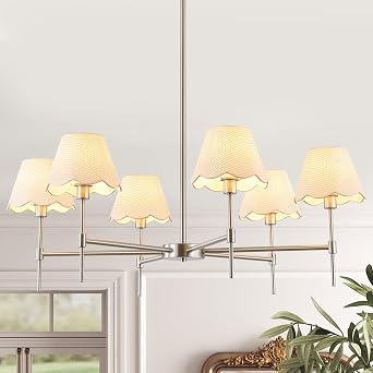 Farmhouse Rattan Chandelier 6-Light Boho Pendant Lamp 37.5 Large Brushed Nickel Chandelier Light Fixture with Height Adjustable Hanging Pole for Dining Room, Living Room, Bedroom, E12 Base