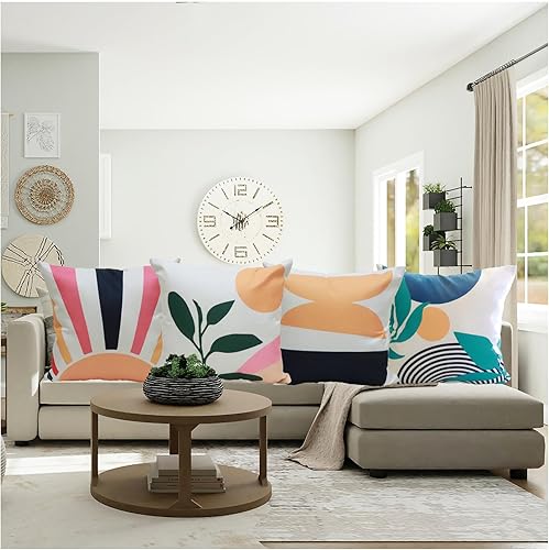 Miniatura 4 de Juego de 4 fundas de almohada abstractas de estilo bohemio de mediados de siglo, modernas, geométricas, hojas y sol, fundas de almohada bohemias de