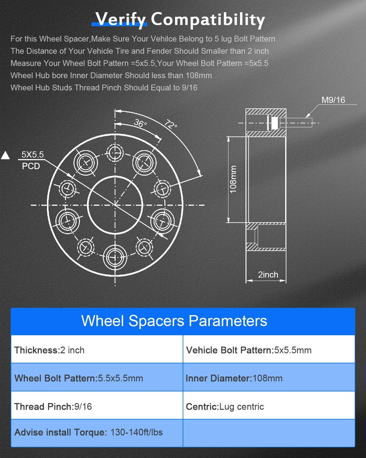 ECCPP 4PCS 2 inch 50mm Wheel Spacers 5x5.5 to 5x5.5 5x139.7 to 5x139.7 108mm CB 9/16" 5 Lug fits for 2005-2010 for Dodge Dakota| 2004-2010 for Dodge Durango| 1994-2010 for Ram 1500