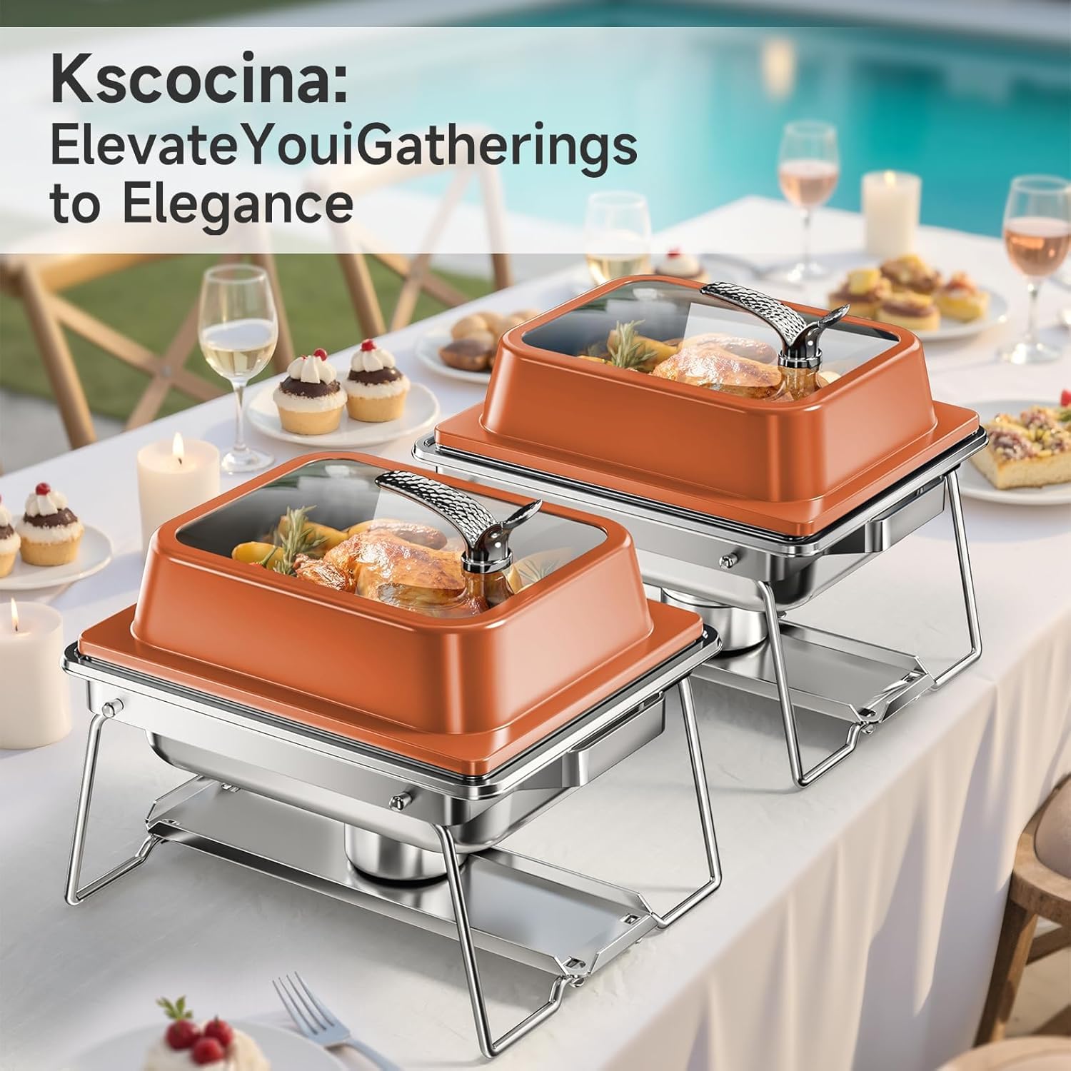 KScocina Juego de 4 platos cuadrados de acero inoxidable de 5 cuartos de galón, calentador completo de buffet para fiestas en casa, Navidad y eventos de catering (naranja)