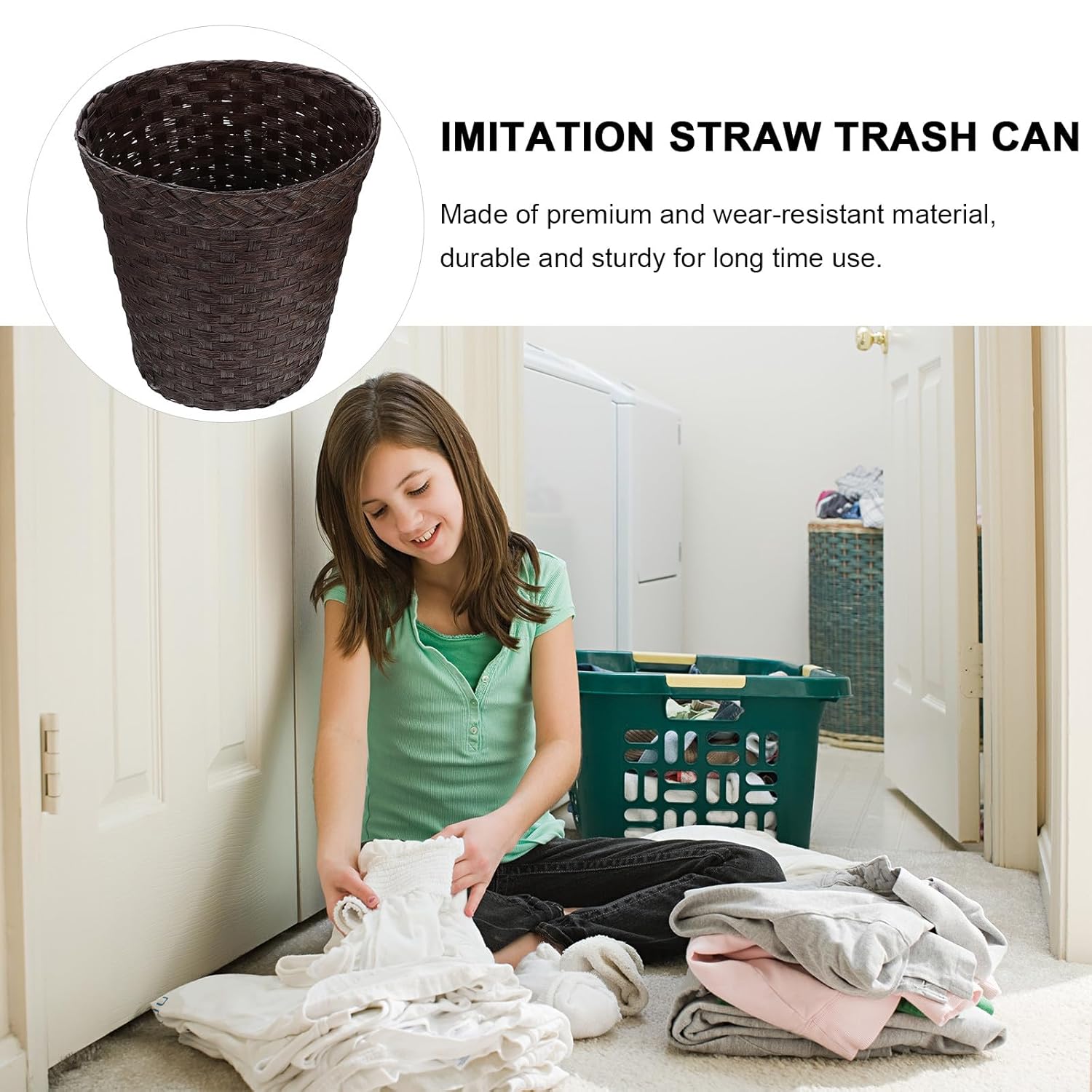 Milisten Large-Capacity Paper Woven Straw Storage Basket, Coffee Color Laundry Hamper and Office Wastebasket for Living Room and Bathroom Organization