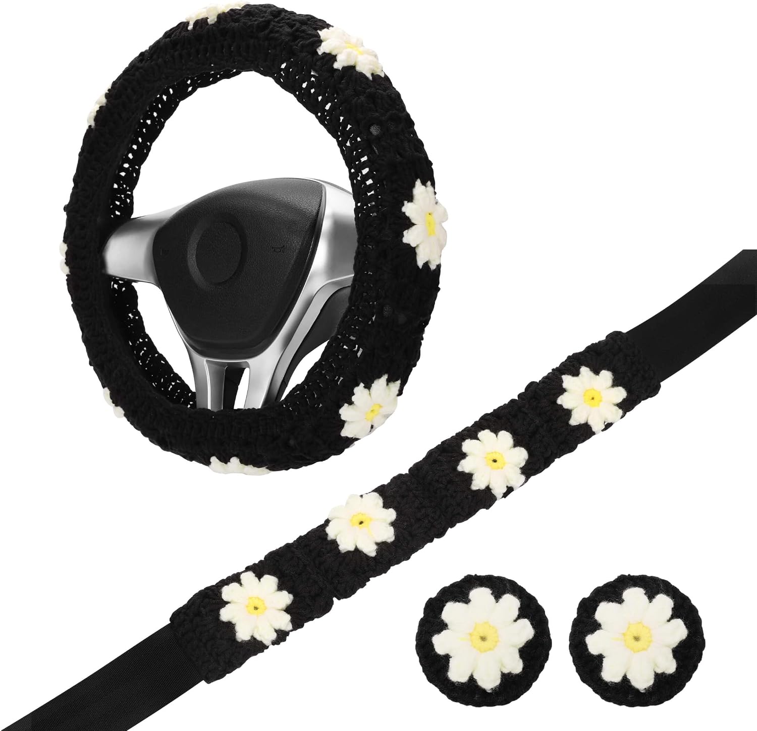 14-15'' Crochet Steering Wheel Cover Set, Handmade Daisy Granny Square Seat Belt Covers, Cute Car Accessories for Women, Boho Car Interior Decor HZYZW (Black Daisy Wheel Cover Set)