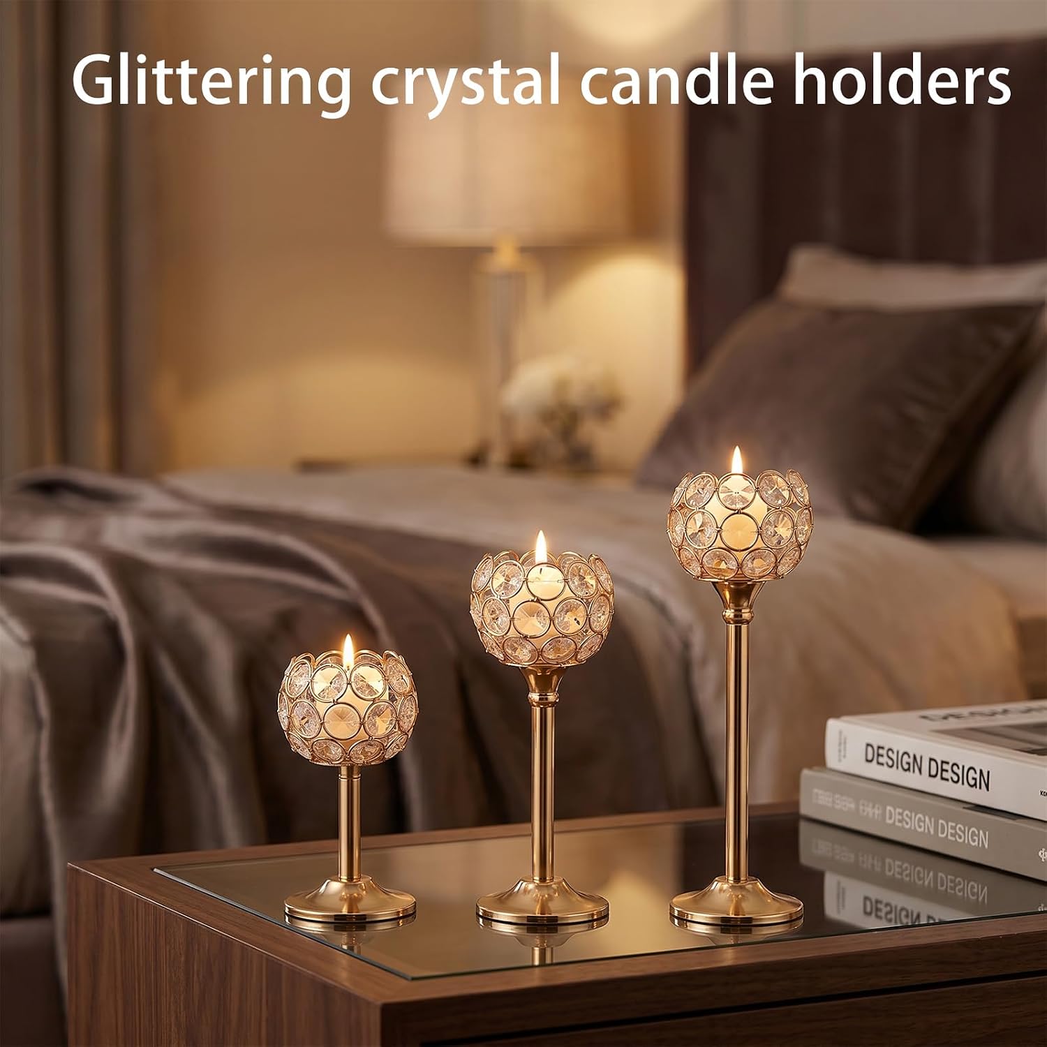 21 Pcs Crystal Candle Holders, Gold Decorative Tealight Candle Stick Holder Bulk Centerpieces, 7 Pcs for Each of 3 Sizes 5.9/8.8/10.6 x 3.15 Inch, for Dining Table Wedding Party Celebration