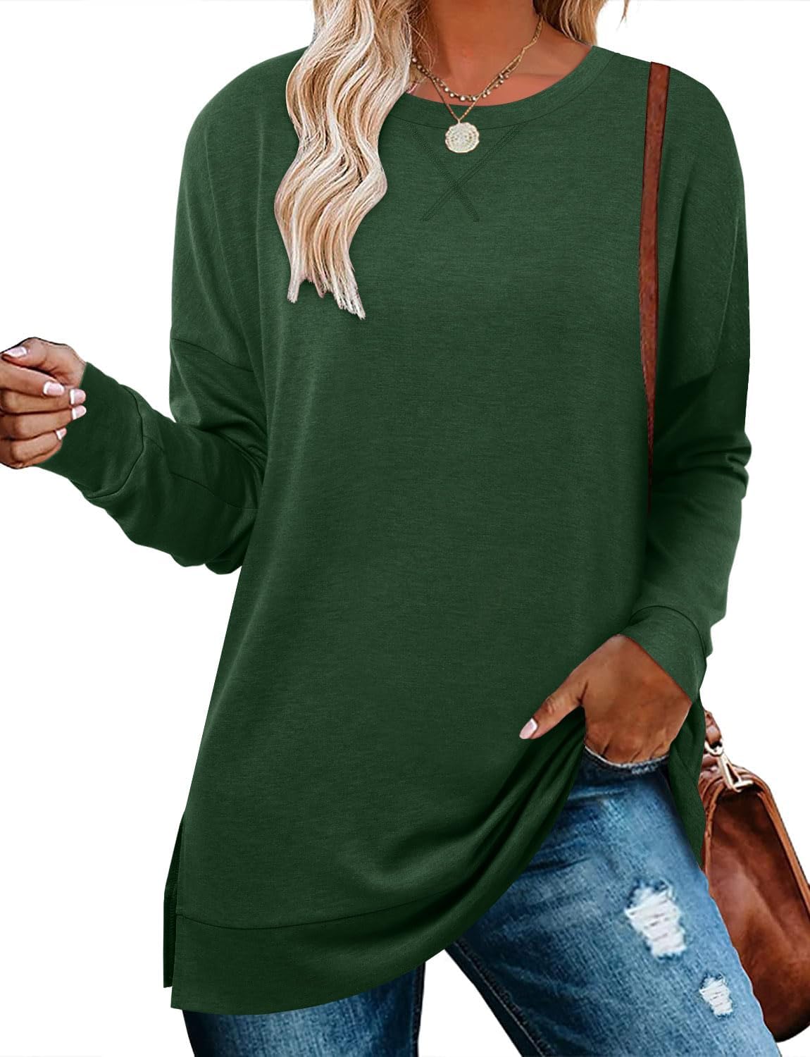 BETTE BOUTIK Women's Drop Long Sleeve Sweatshirts Casual Crewneck Tunic Tops Sweartshirts With Side Slits S-3XL