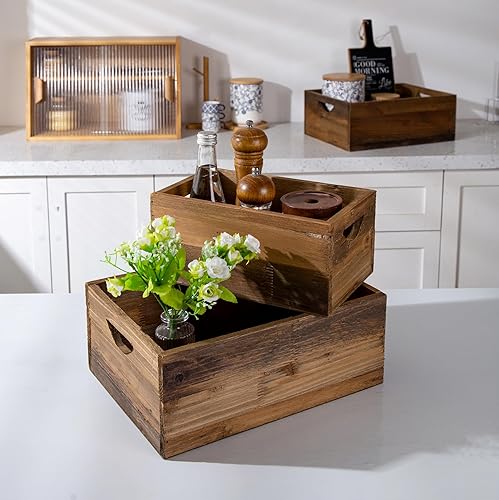 Miniatura 8 de TIMRIS Juego de 3 cajas de madera rústica envejecida anidables, cajas de almacenamiento de madera decorativas de estilo granja, cestas de madera