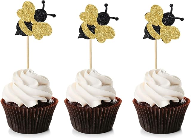 24Pcs Glitter Bumble Bee Cupcake Toppers Bee Cake Decoration for Gender Reveal Baby Shower Birthday First Birthday Party Decor
