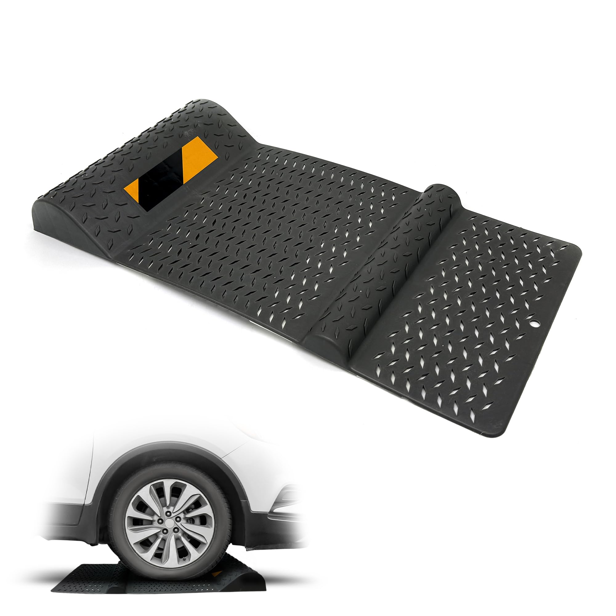 Fishtec Fermaruota Parcheggio Interno Esterno - Aiuto Parcheggio Auto - Striscia Riflettente Alta visibilità - Garage Posto Auto Protezione Muro - Nero 52 x 25,5 x 27 cm