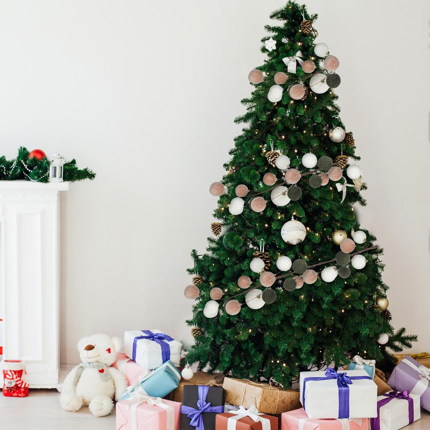 6 ft Christmas Ball Ornament Garland Christmas Bauble Hanging Ornament Neutral Velvet Bulb Ball Garland for Xmas Tree Table Mantel Staircase Indoor Outdoor Decor(White, Brown, Green) - Image 7