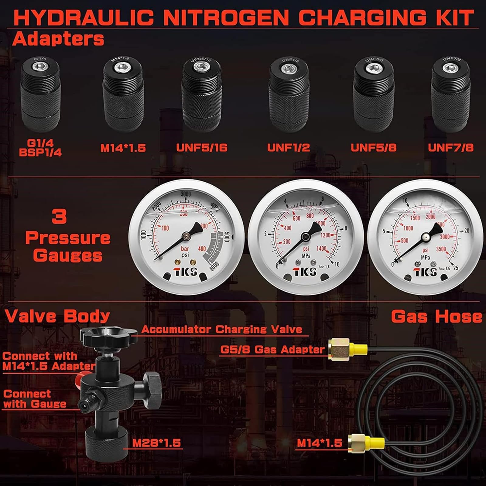 Kit de llenado de nitrógeno, Kit de Carga de acumulador hidráulico de nitrógeno, Sistema de Prueba de presión, Herramientas de Carga de Gas con 7 s, 3 manómetros, 1 Manguera de Gas