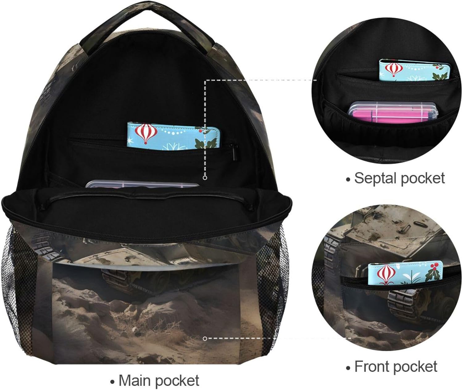 Tank on Land Backpack Daypack Shoulder Bag Book Bag Lightweight Back Pack with Reflective Strip Travel Laptop Daypack 12 ×16.9 In