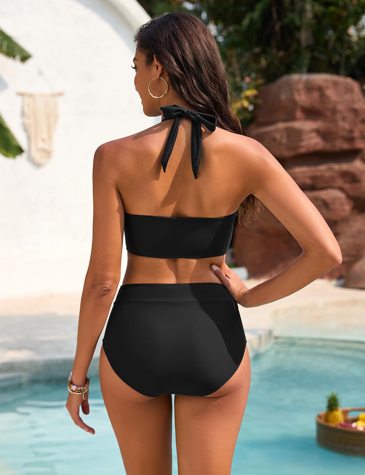 Maillot de Bain Femme 2 Pieces Taille Haute Ventre Plat Bikini Sexy Col en V Bandeau Ajustables Swimsuit Élégant Piscines de Plage