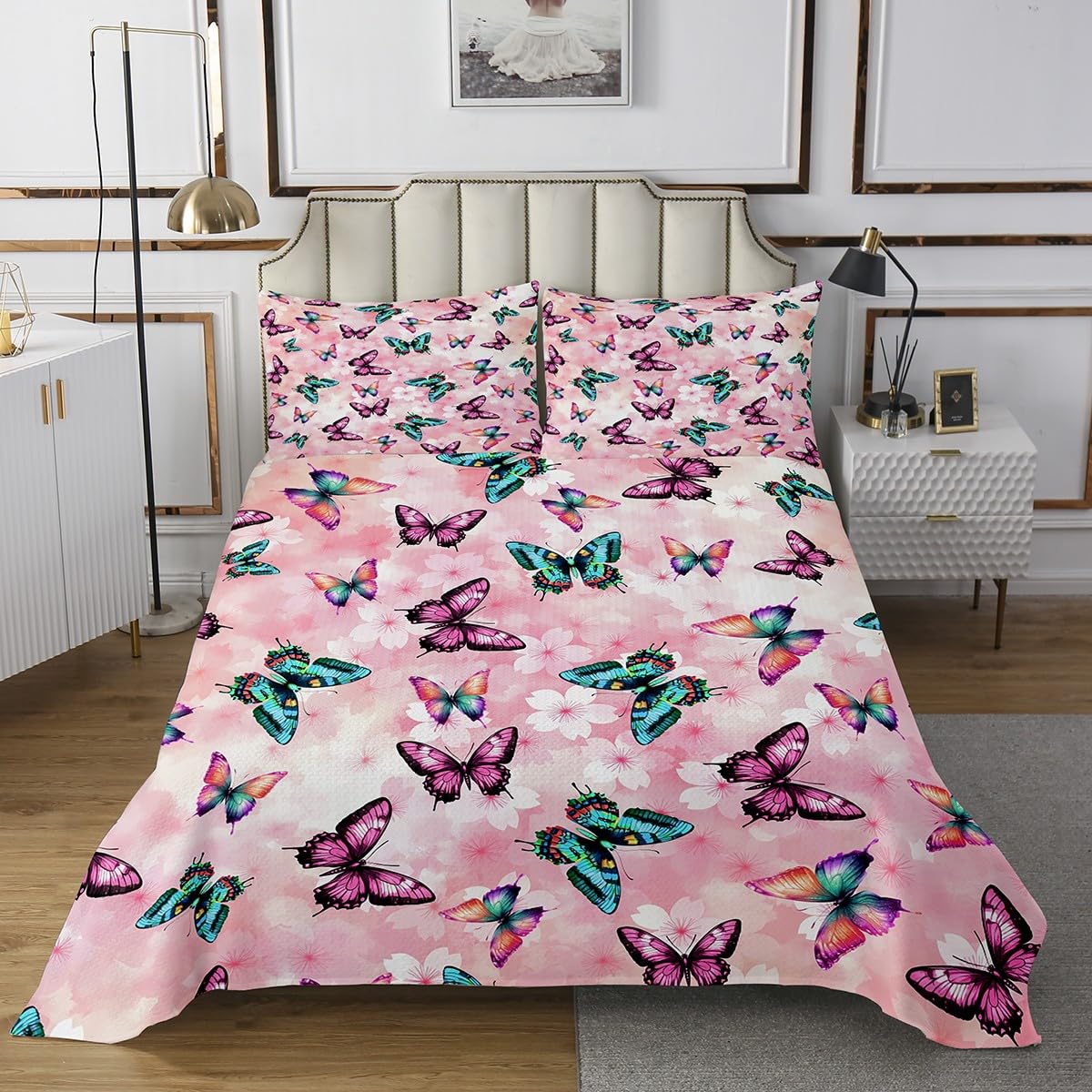 jejeloiu Kids Butterfly Coverlet Set King Size, Butterflies Print Quilted Coverlet Butterfly Floral Bedspread Boys Girls Teens Bedroom Decor 3Pcs