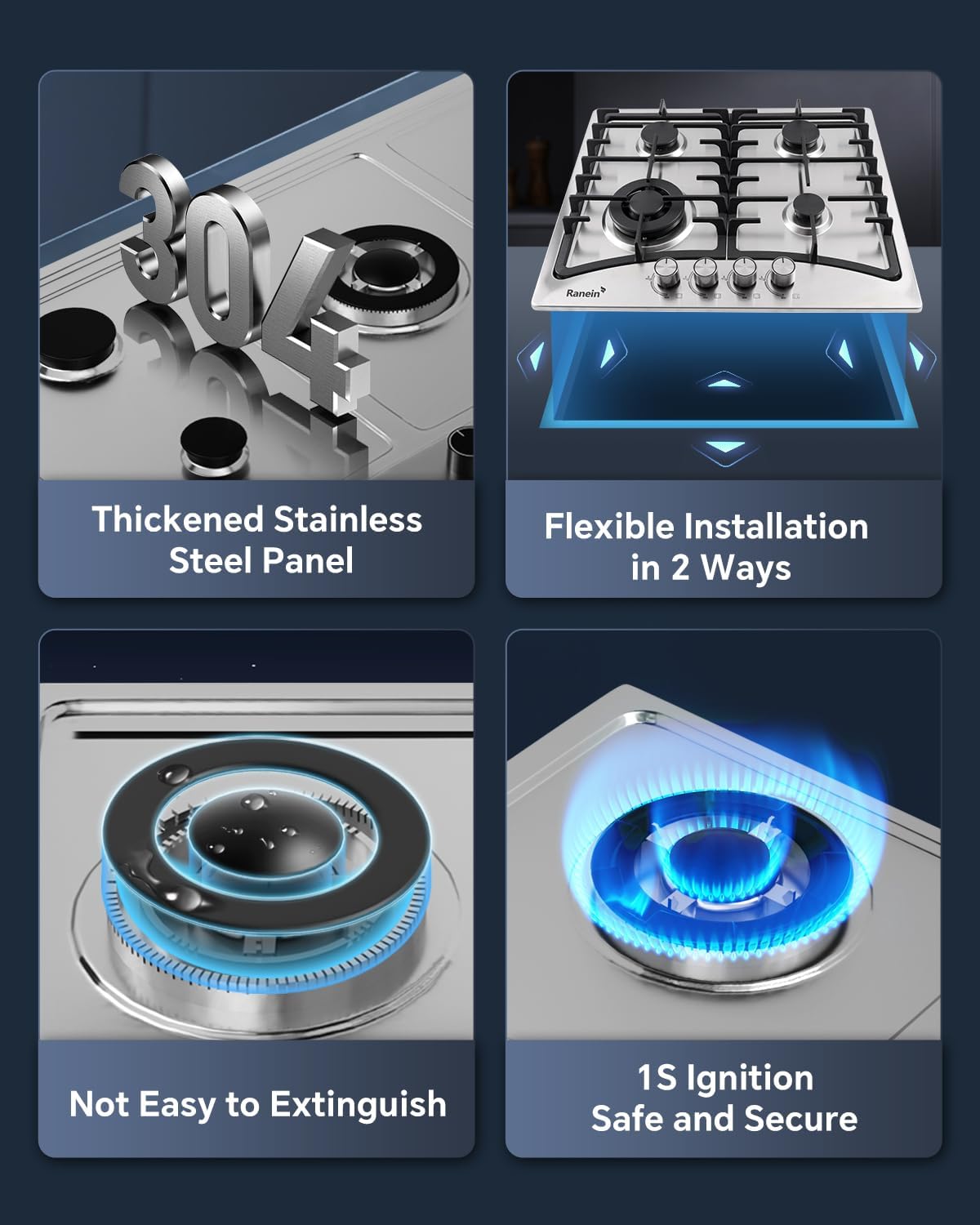 Ranein 24-Inch 4 Burner Gas Cooktop Stove Top, Built-In Gas Stove, 304 Stainless Steel Panel, NG & LPG Convertible, Compact Cooking Stove for Apartment, Indoor