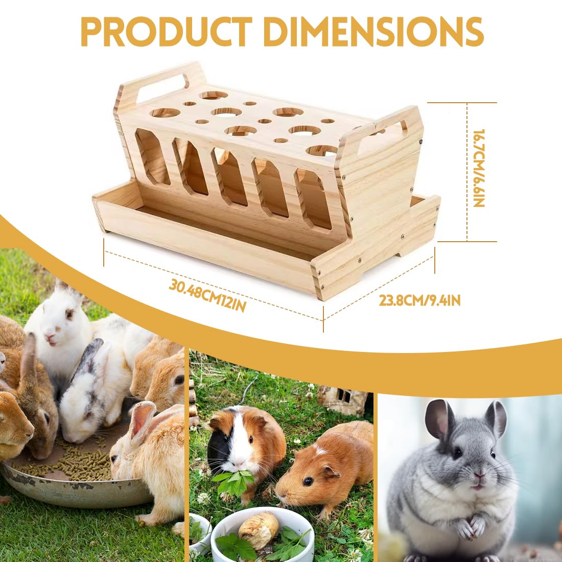 RANJIMA Hölzern Heuraufe für Kaninchen, Futterraufe mit Karottenhalter Heu Futterspender für Käfig Heuraufe Futternapf für Kaninchen Hasen Hamster, 30×20.5×18cm