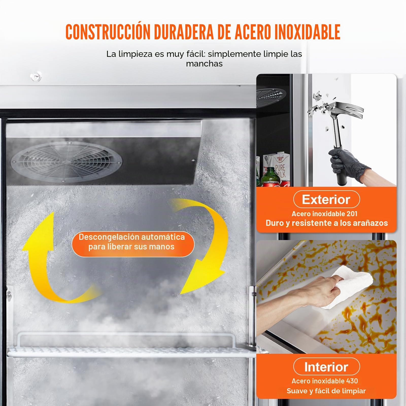 VEVOR Refrigerador Comercial de 1100 L, Vertical con 2 Puertas, Acero Inoxidable, Descongelación Automática, 6 Estantes, -2~+8°C, 1314 x 850 x 2110 mm