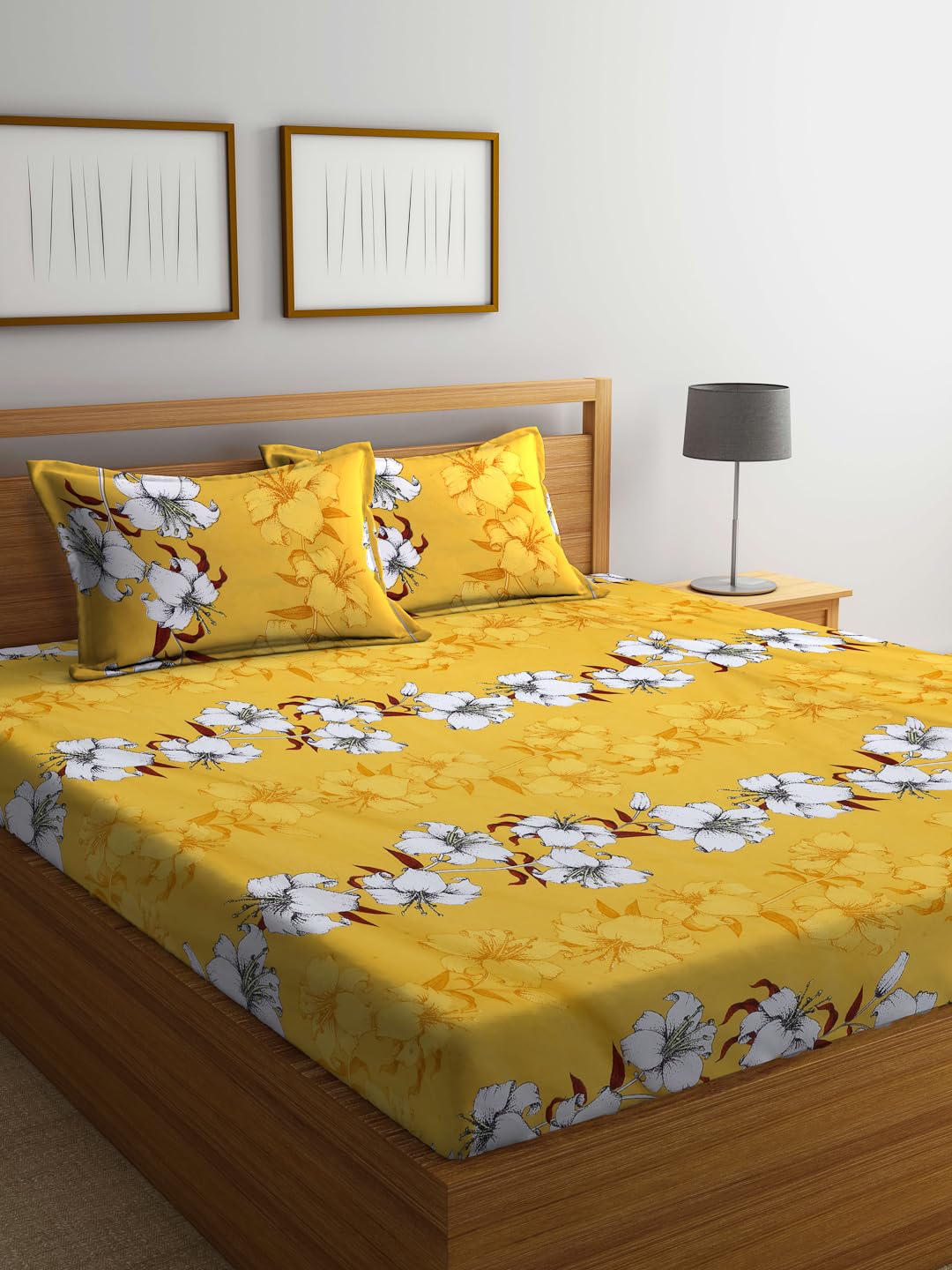 FABINALIV Yellow Floral 300 TC Cotton Blend King Size Packing Double Bedsheet with 2 Pillow Covers (FLBSPB-1199-Yellow)-image-25