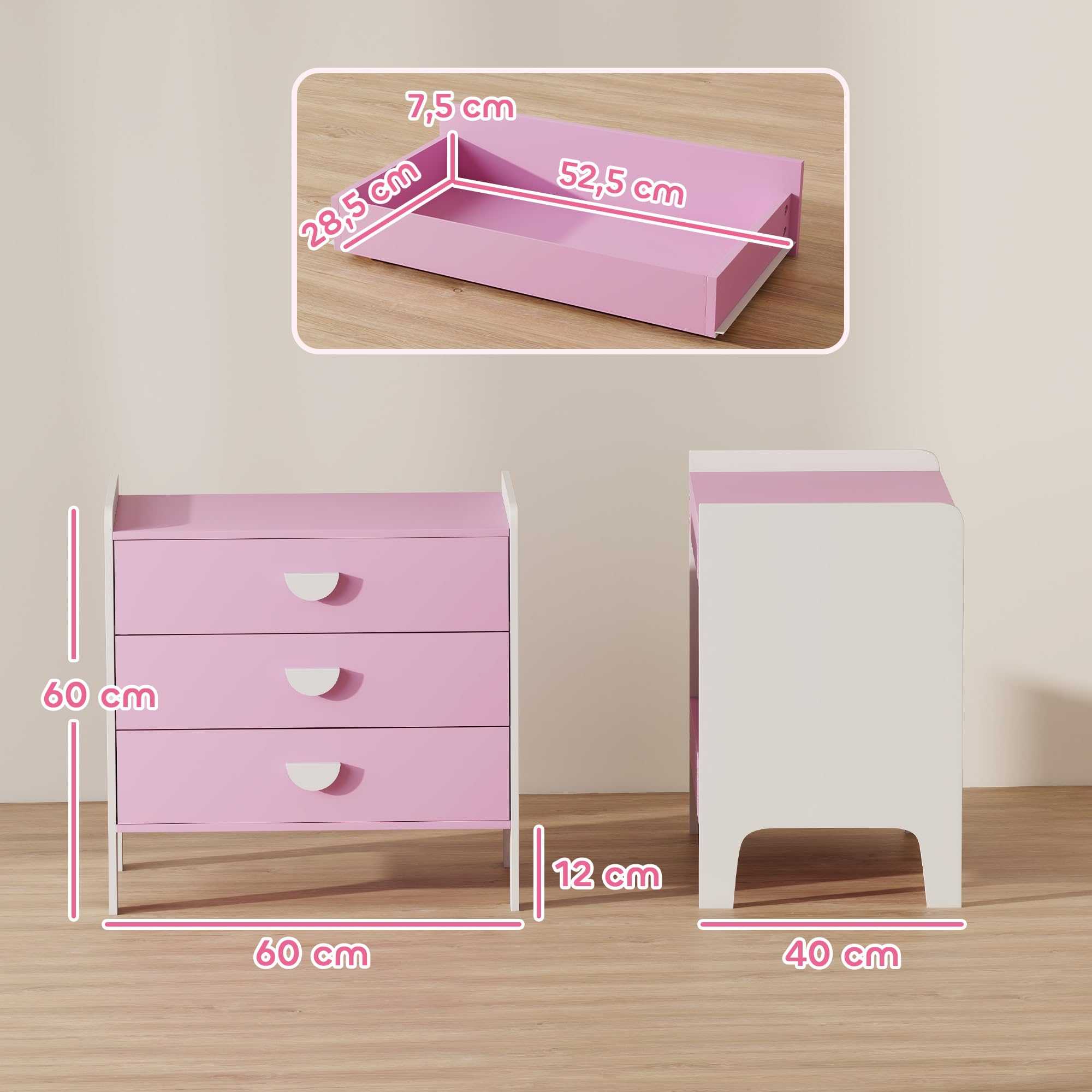 AIYAPLAY Kinderkommode, Aufbewahrungskommode mit 3 Schubladen, Aufbewahrungsmöbel Kinderzimmer, Kinderkrippe, Spielzimmer, 60 x 40 x 60 cm, rosa