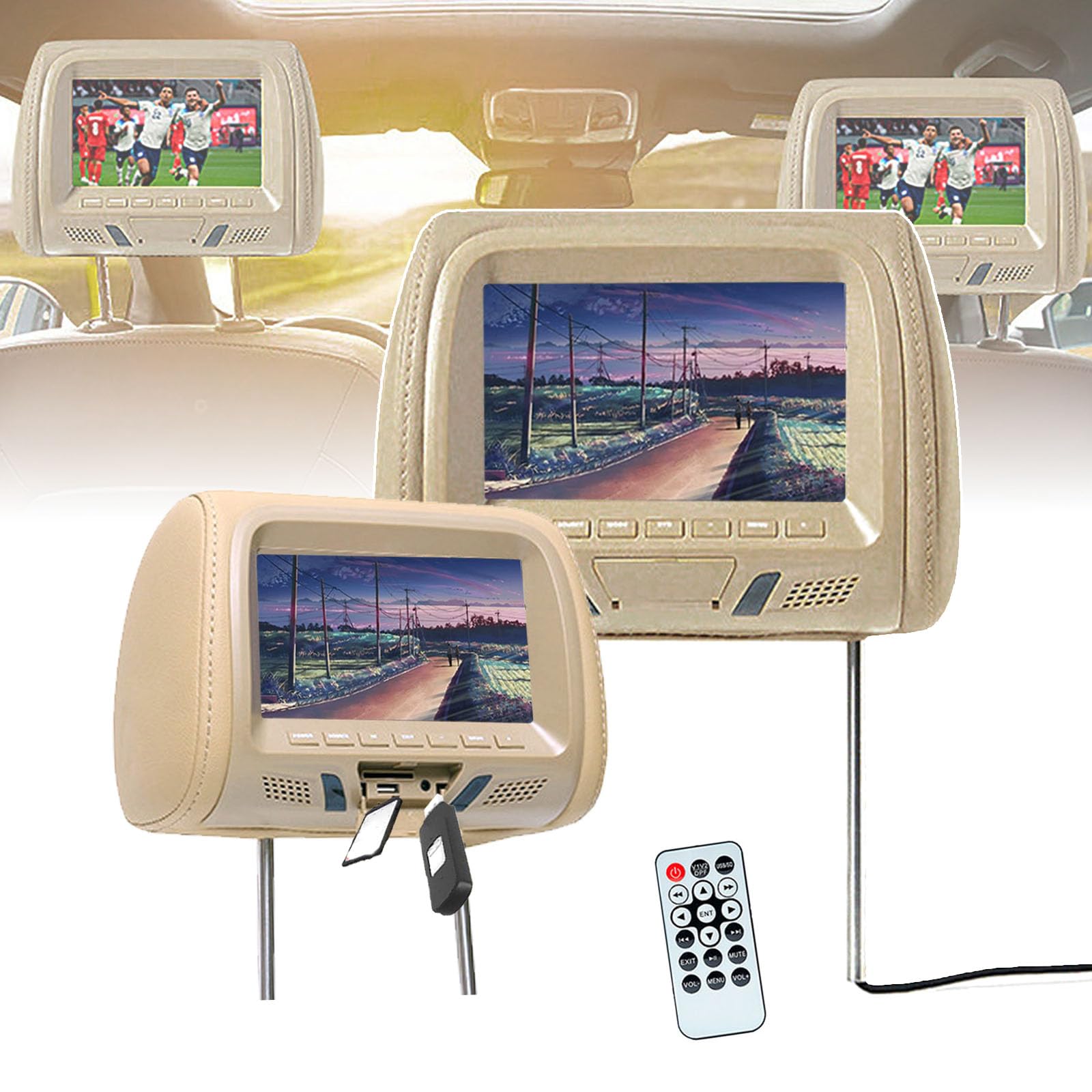Appuie-tête Universel pour Voiture (7 Pouces), Moniteur pour Appui-tête - Télécommande, Installation sans Perte, Identification USB/SD/TF, Divertissement pour siège arrière,2PCS