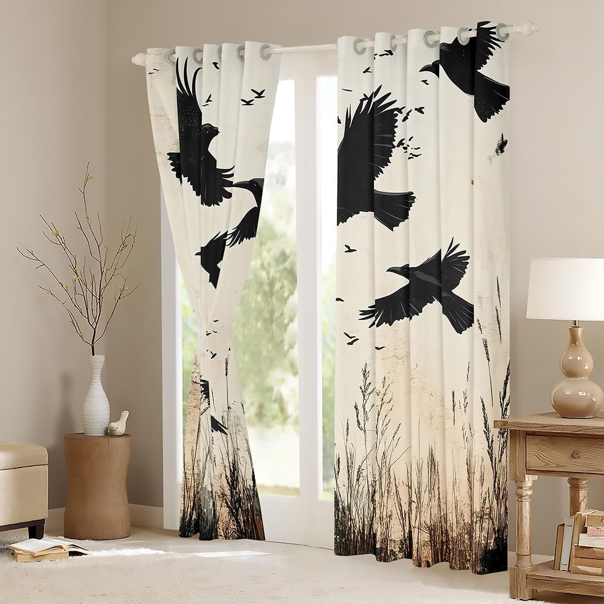Castle Fairy Rustic Farmhouse Window Curtain,Black Bird Silhouette Wild Animal Window Drapes for Bedroom Decor,Natural Leaves Plant Retro Beige Window Treatment Curtains for Kids, 52Wx96L inch