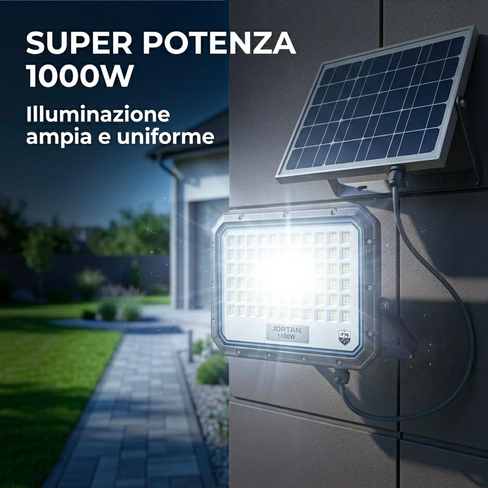 081 Store - Faro Solare LED 1000W da Esterno con Pannello Solare Separato, Faretto LED IP66 Impermeabile con Telecomando, Sensore Crepuscolare Automatico, Luce Solare Giardino Cortile Garage Parcheggi