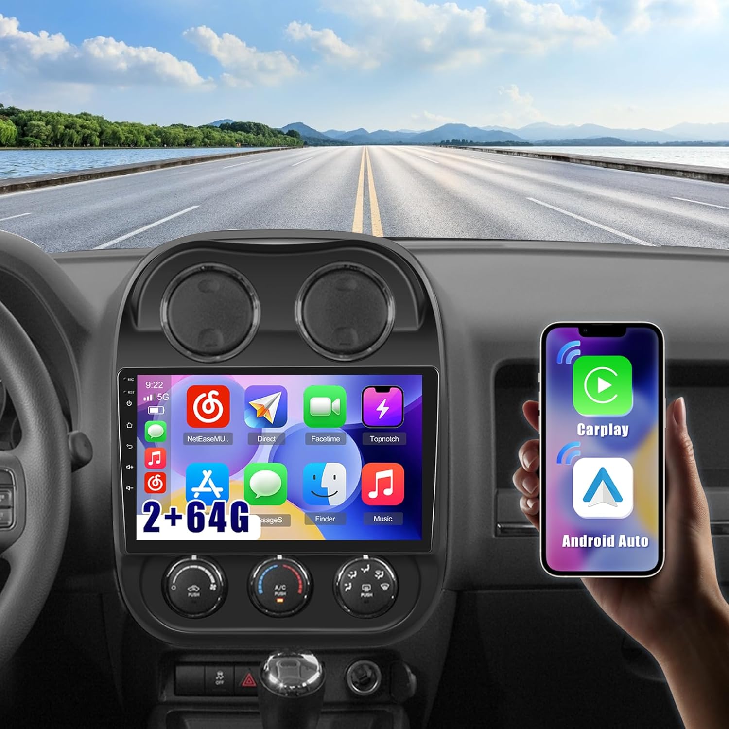 Roinvou 2+64G Android 10.1" Touch Screen for Jeep Compass Patriot 2010-2016 with Wireless CarPlay Android Auto WiFi Bluetooth GPS Navigation FM RDS Radio Backup Camera