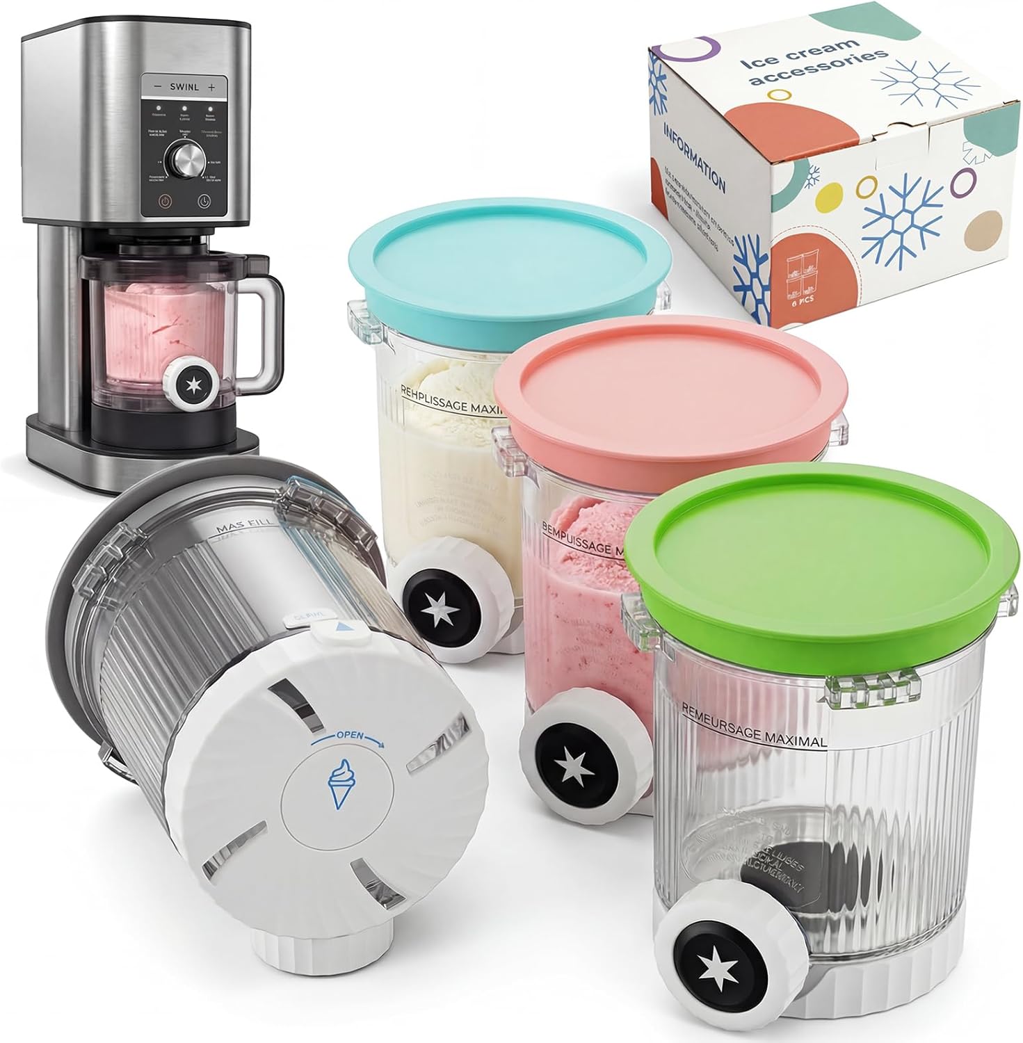 4-Pack Swirl Pints & Lids for Ninja CREAMi — Compatible with NC700/NC701, Replacement Creami Containers for Ice Cream & Soft-Serve Maker, BPA-Free, Reusable, Dishwasher Safe(Not OEM)