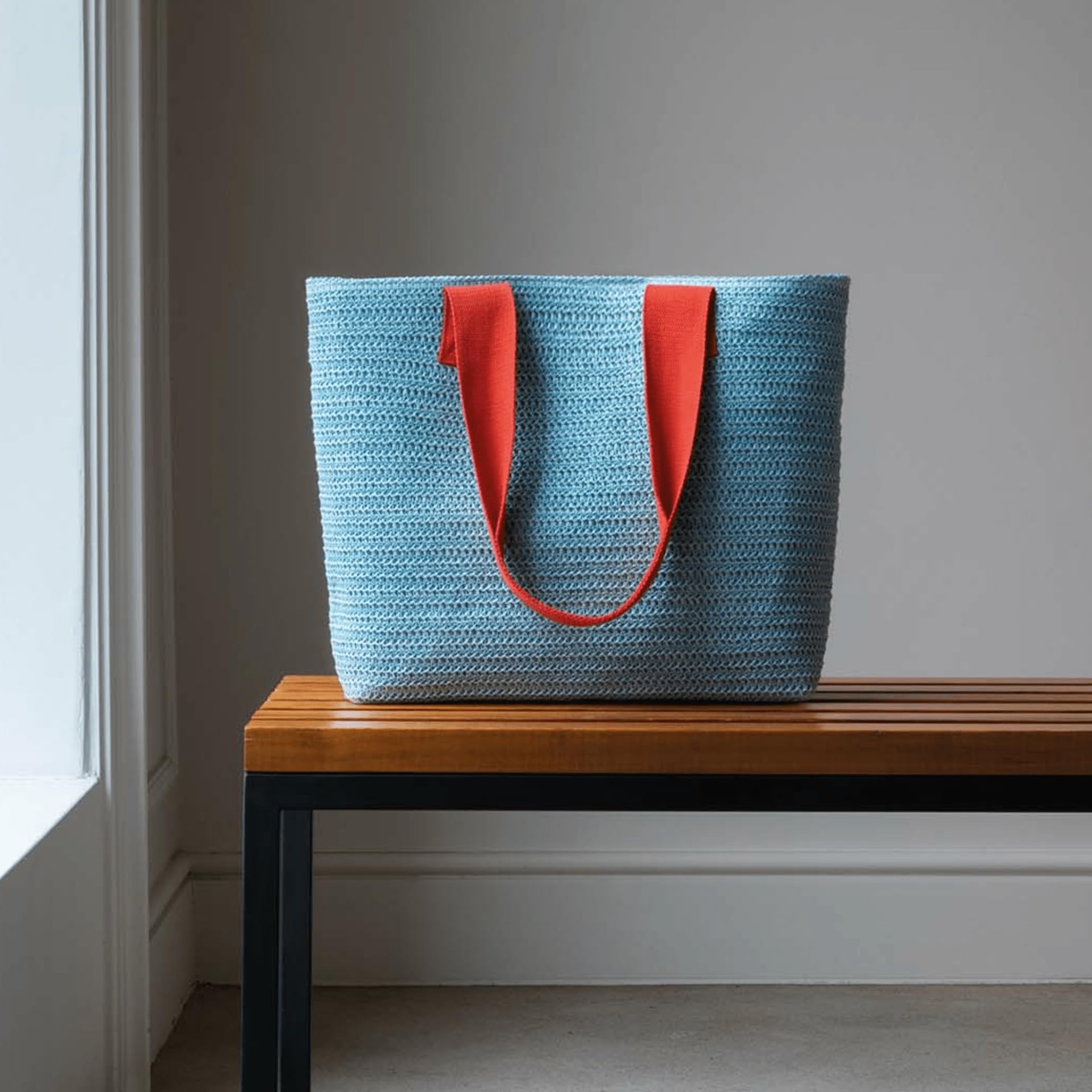 REMEMBER Korbtasche "Pale blue" mit Druckknopf aus Papierstroh und Baumwolle